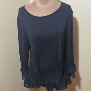 Daniel Rainn Dark Blue Long Sleeve Top with Pleated Trim